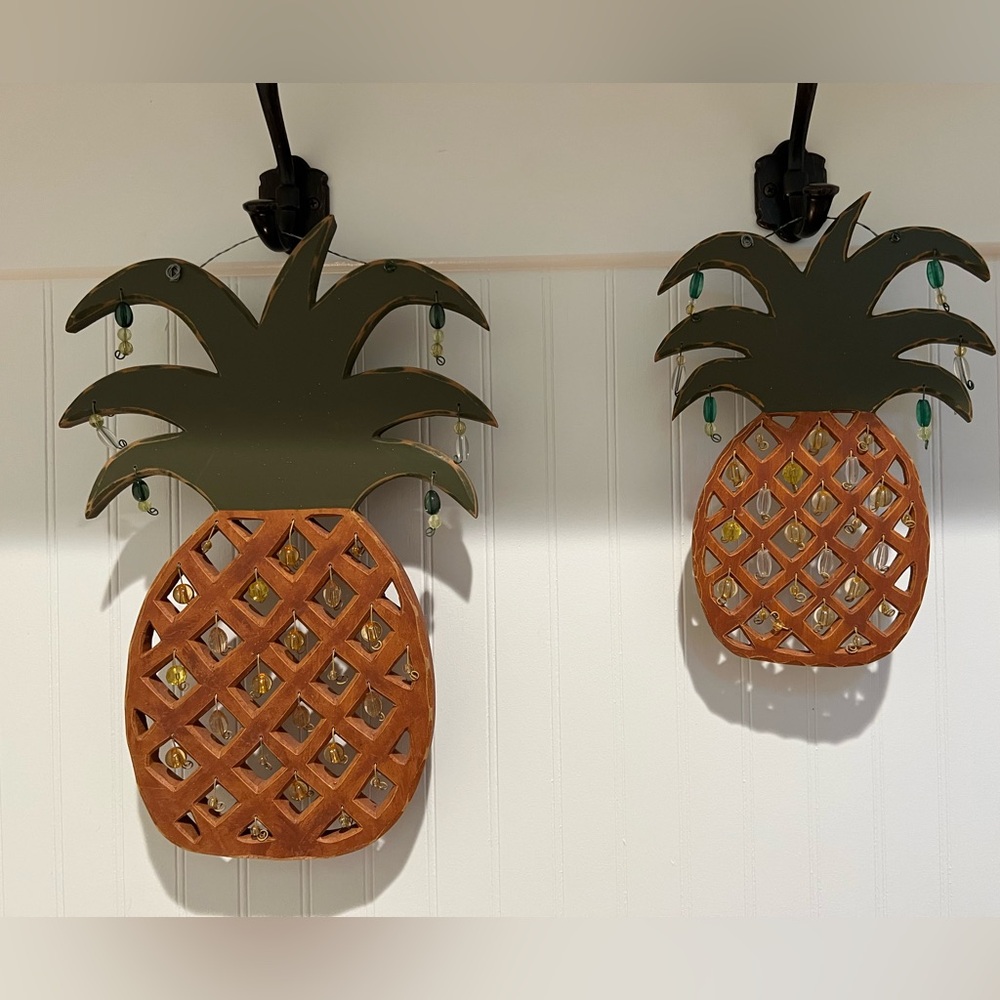 Set of 2 Wooden Pineapple Wall decor Green and Brown tones. beaded accents.